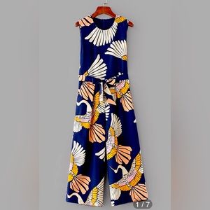 Cranes Print Belted Wide Leg Jumpsuit XL/12